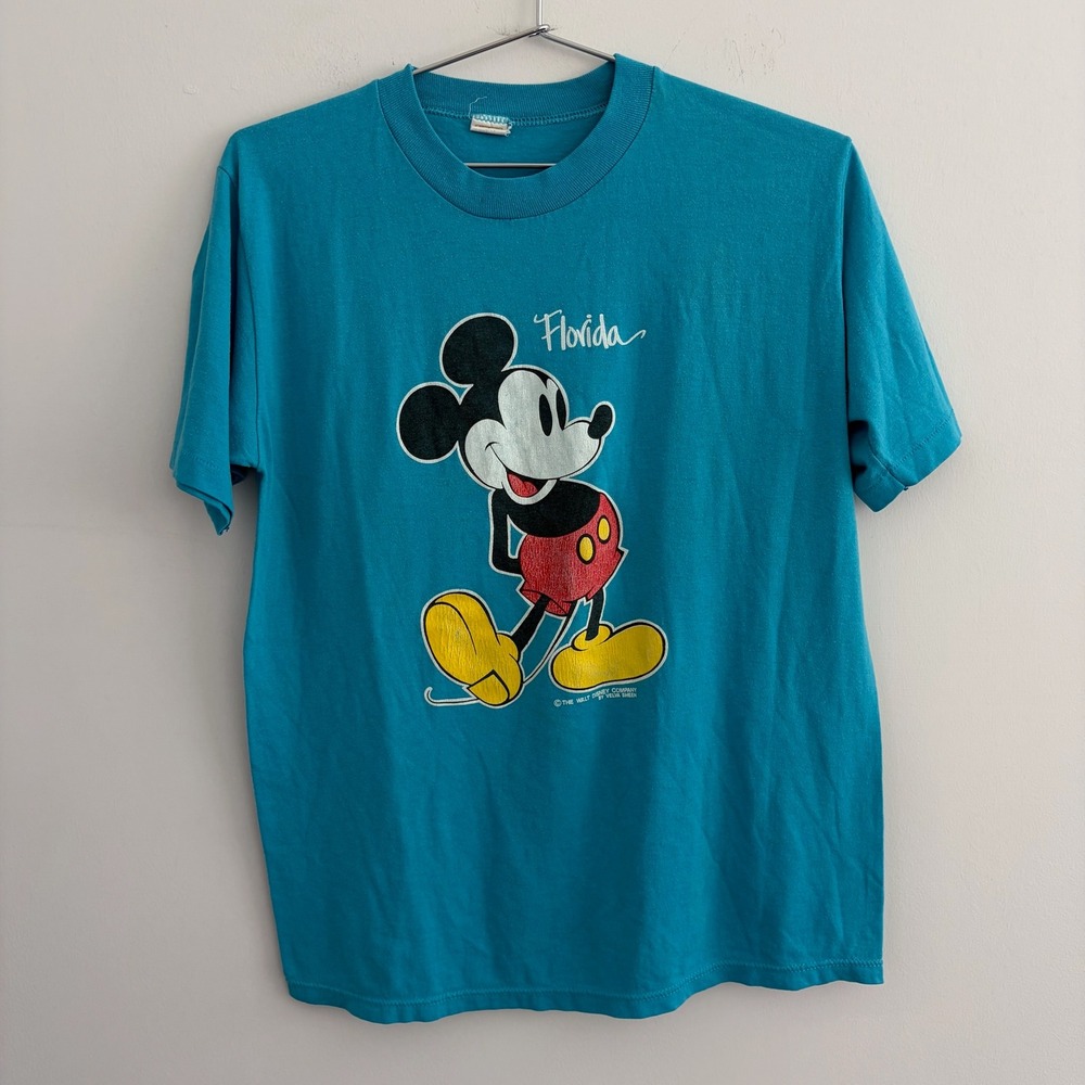Vintage Velva Sheen Disney Mickey Mouse Florida T Shirt Blue Large